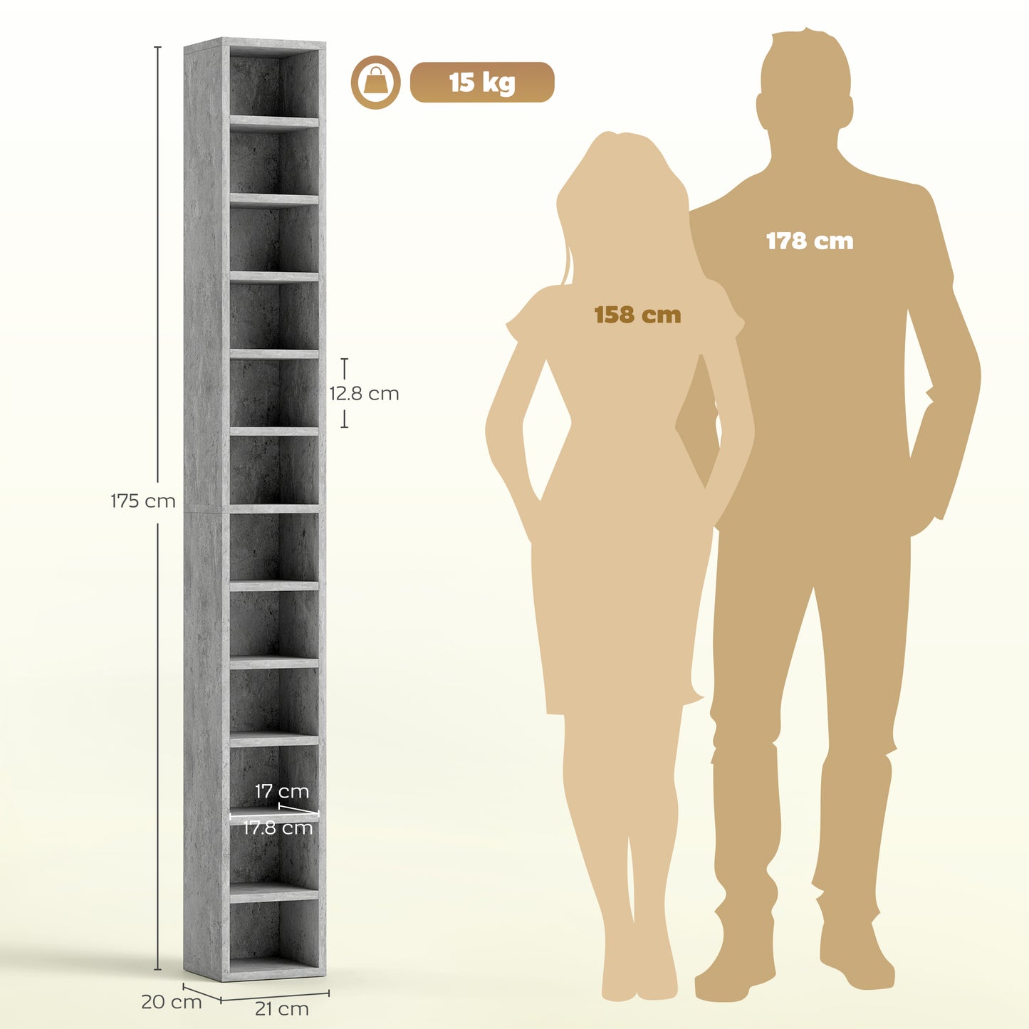 204 CD Storage Tower, Tall Bookcase Bookshelf with 12 Cubes
