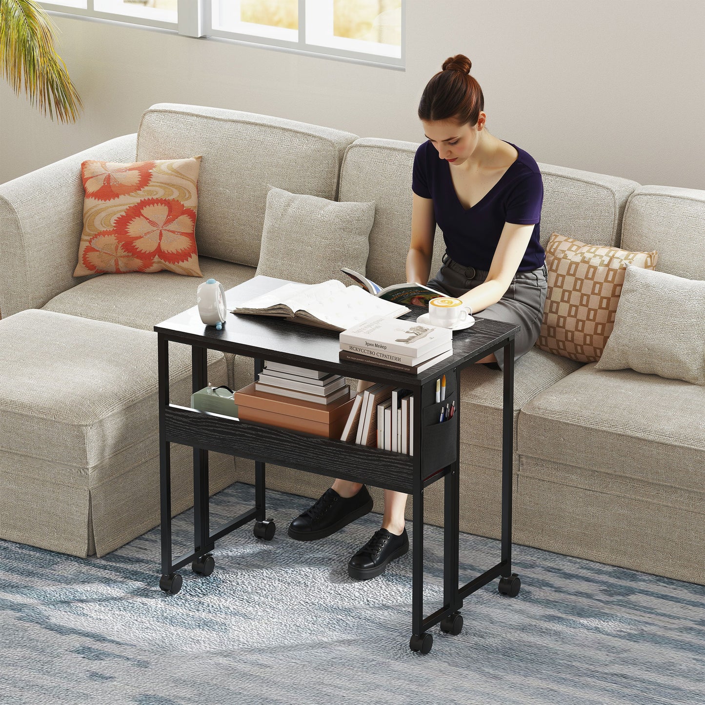 80 cm Foldable Computer Desk on Wheels for Small Spaces, Black