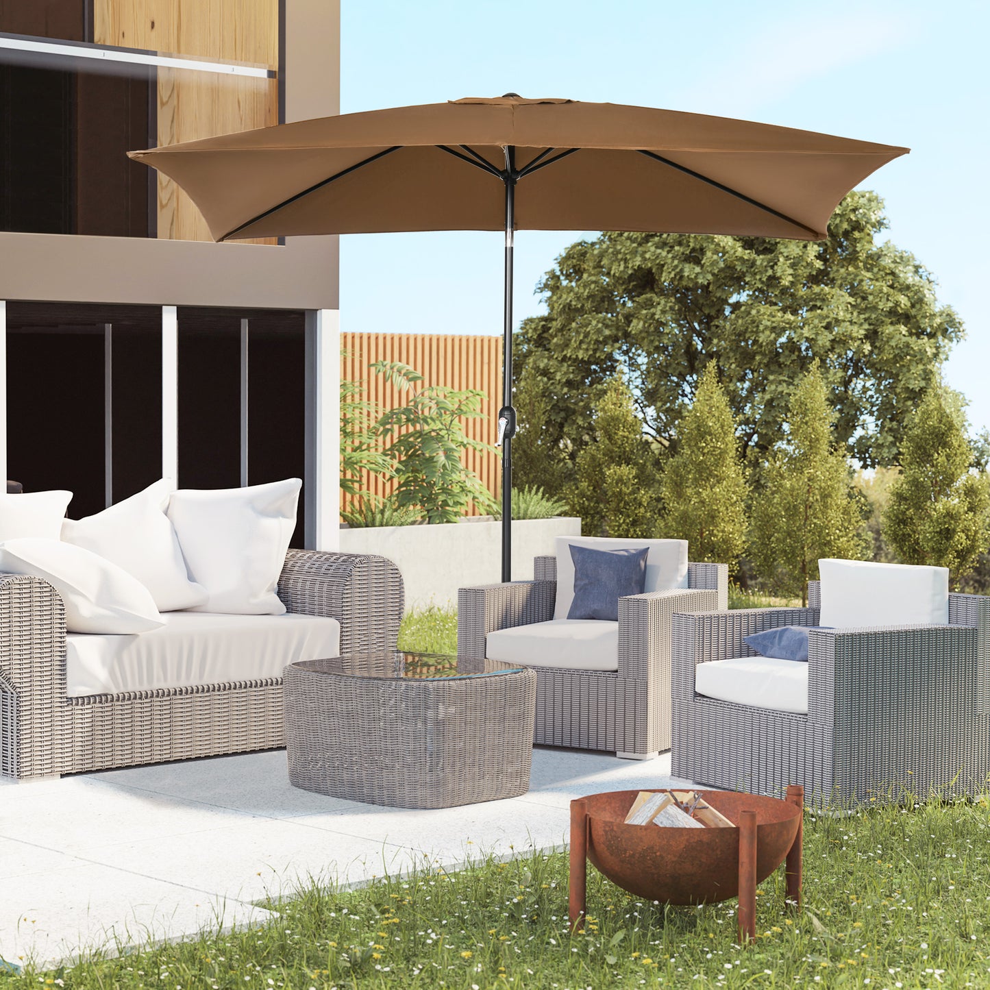 3x2m Patio Parasol Canopy Tilt Crank 6 Ribs Sun Shade Garden Brown
