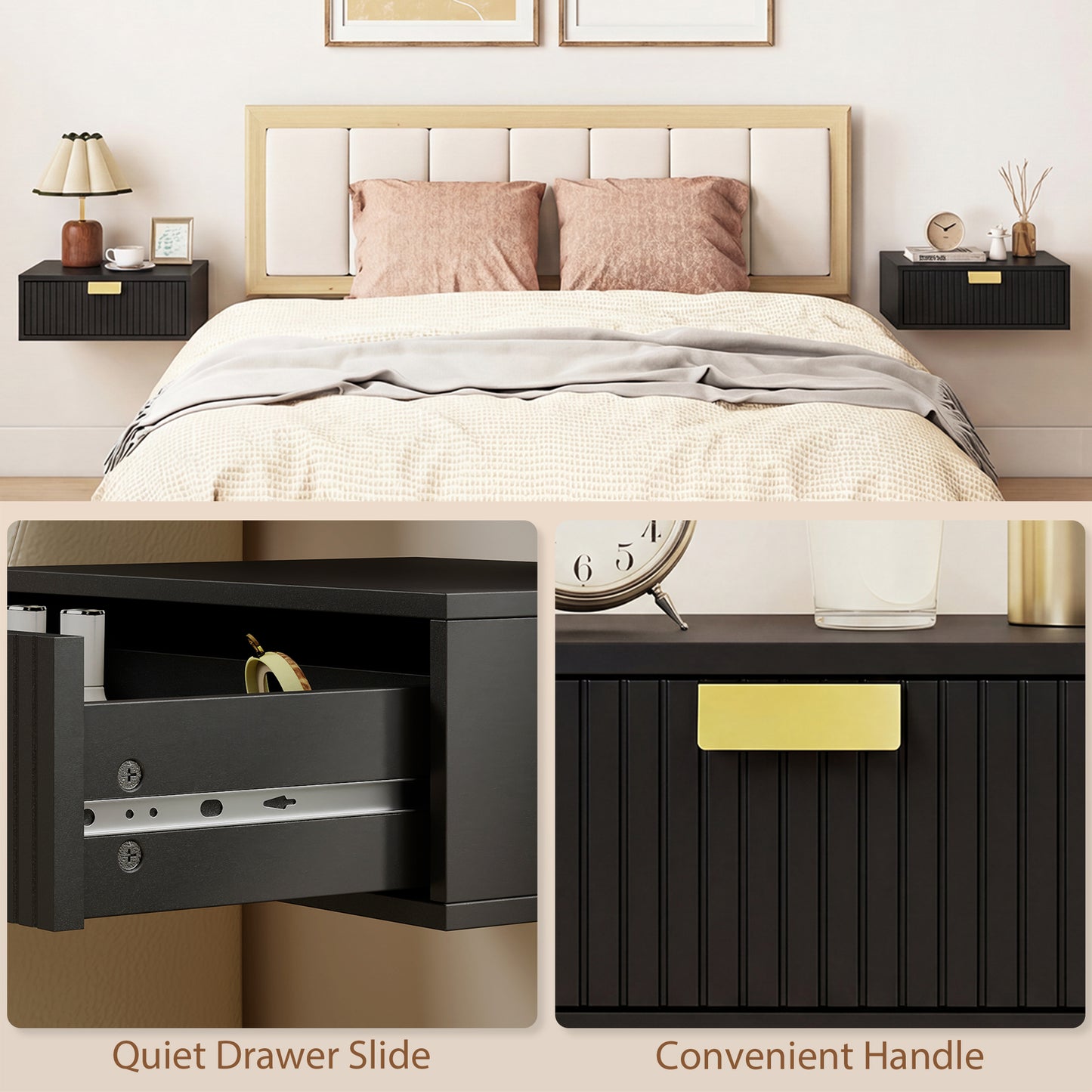 Floating Nightstands Set of 2 Bedside Tables w/ Wave Drawer Black