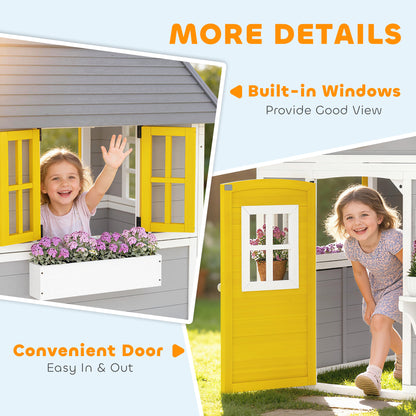 Wooden Playhouse for Kids Outdoor Wendy House with Doors, Windows, Plant Pots, Boxes, for 3-8 Years - Grey