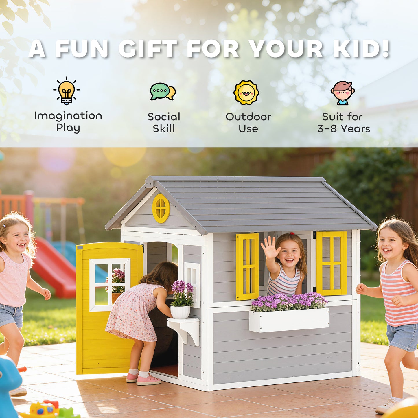 Wooden Playhouse for Kids Outdoor Wendy House with Doors, Windows, Plant Pots, Boxes, for 3-8 Years - Grey