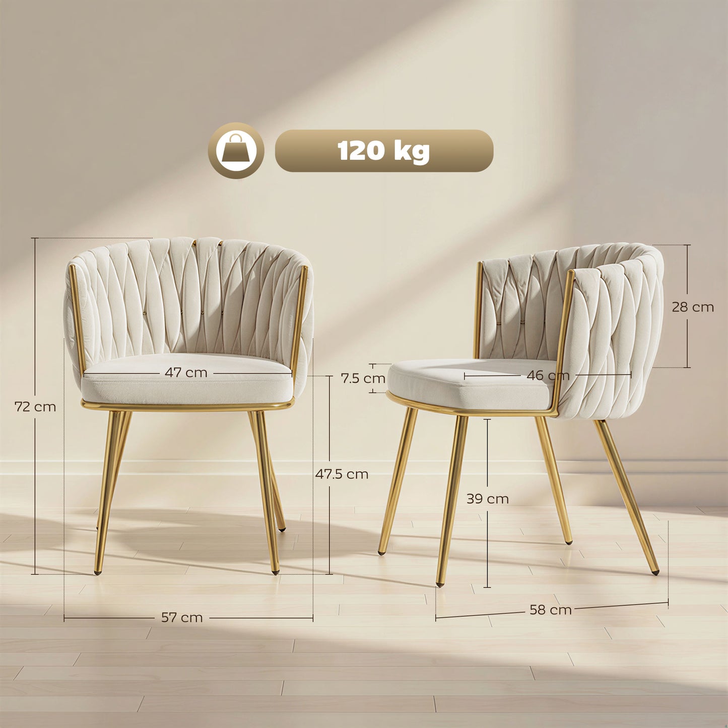 Upholstered Kitchen Chairs Set of 2 with Wrap-around Backrest, Cream