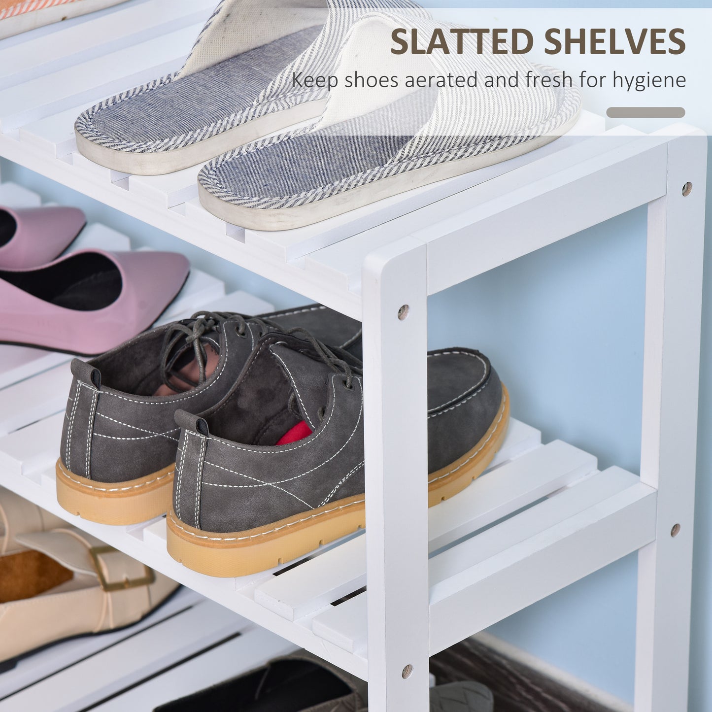 3-Tier Shoe Rack Wood Frame Slatted Shelves Open Storage, White