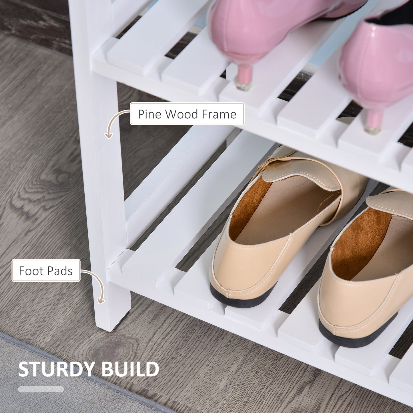 3-Tier Shoe Rack Wood Frame Slatted Shelves Open Storage, White