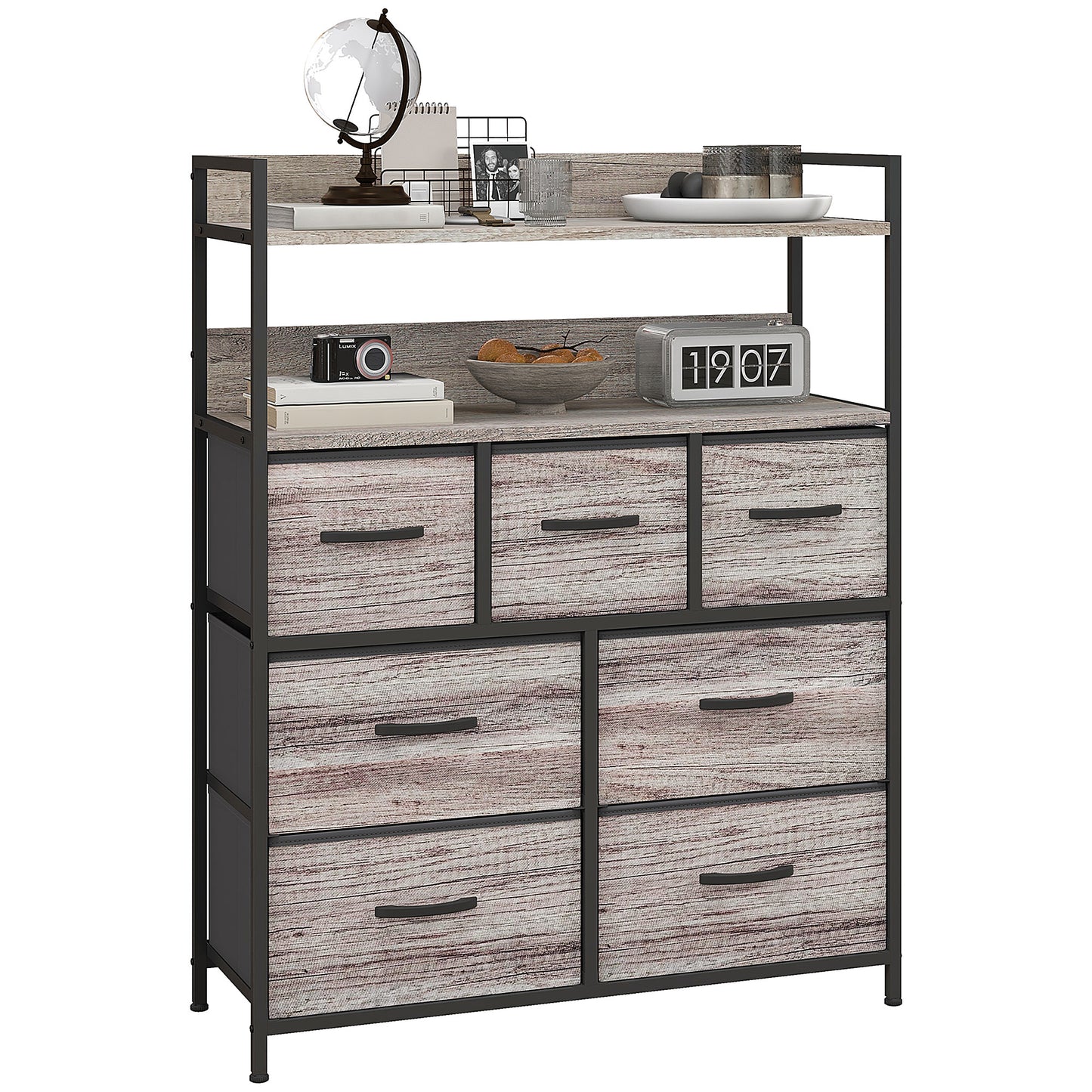 Bedroom Chest of Drawers 7 Drawer Dresser w/ Shelves, Grey Wood Effect