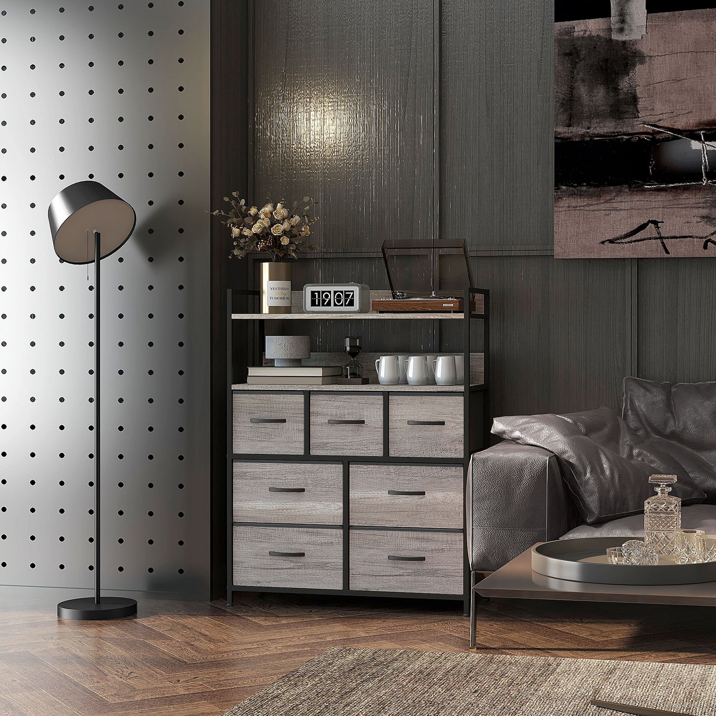 Bedroom Chest of Drawers 7 Drawer Dresser w/ Shelves, Grey Wood Effect