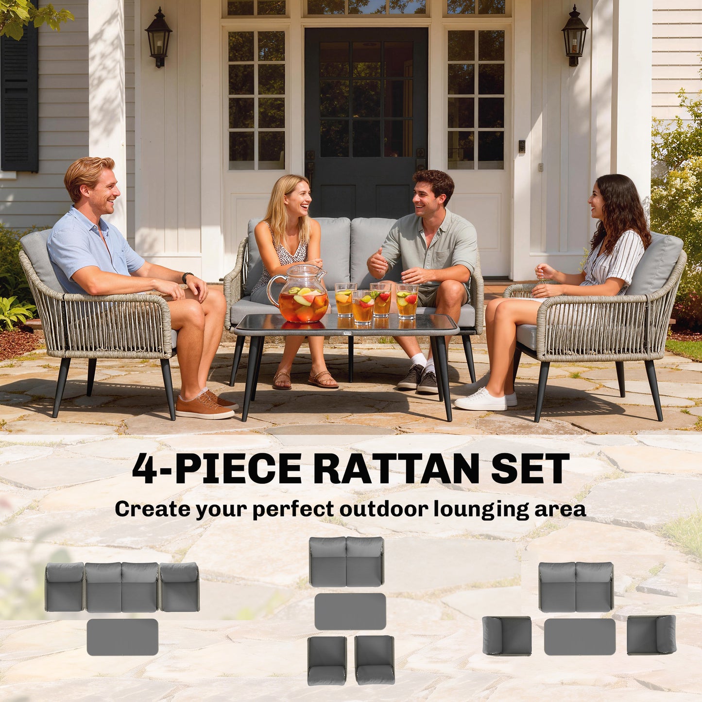 Rattan Garden Furniture Set, Tempered Glass with 3 Chairs