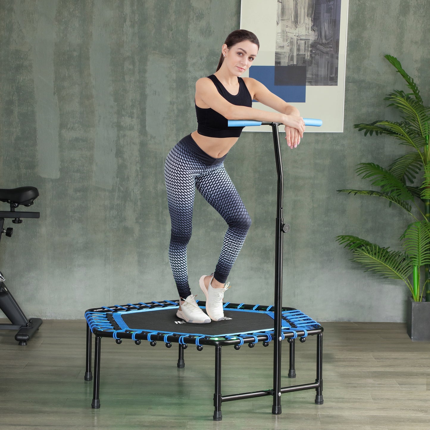 45" Fitness Trampoline with Adjustable Handle, LED Lights, Blue