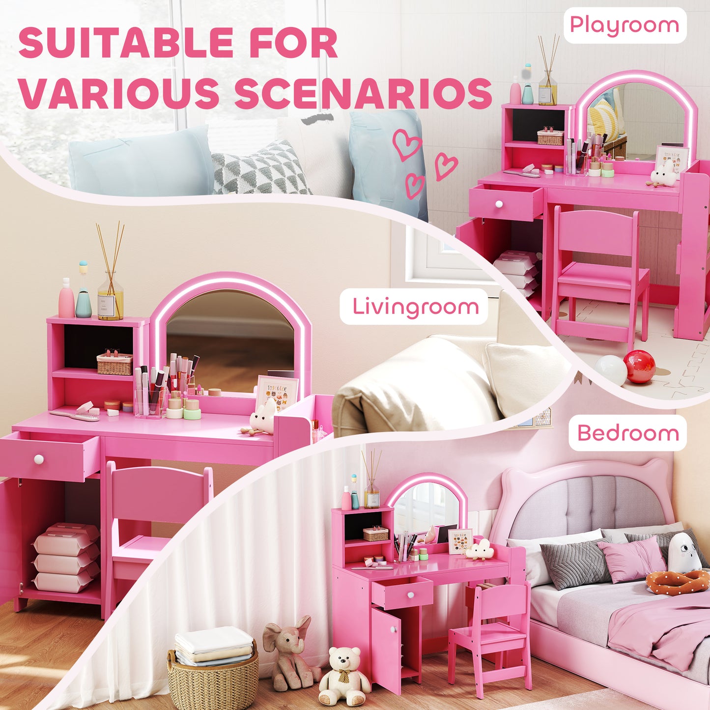Girls Dressing Table with 2-Colour LED Mirror and Stool, Pink