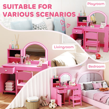 Girls Dressing Table with 2-Colour LED Mirror and Stool, Pink