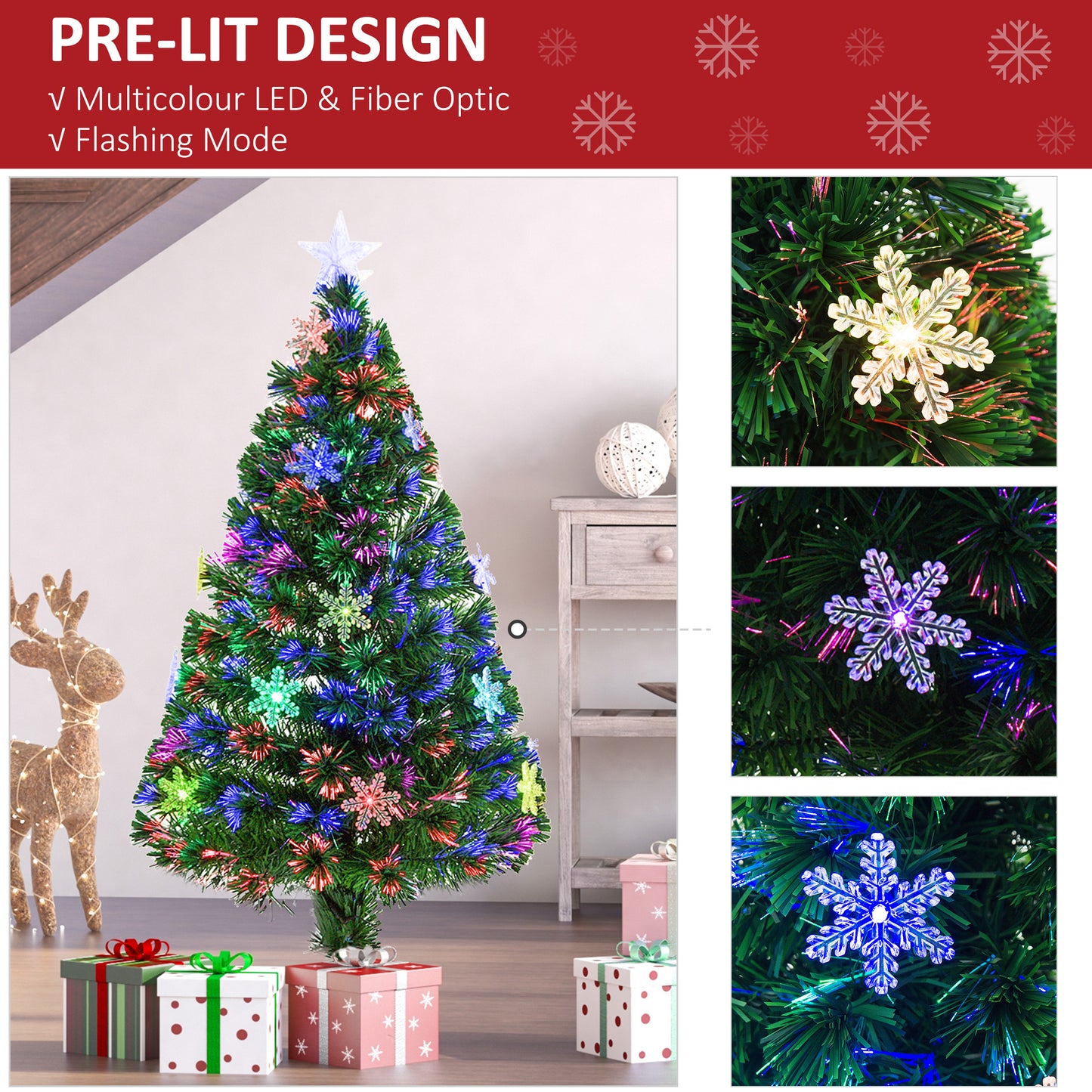 4FT Green Fiber Optic Full Lights Christmas Tree Multi LED Stars