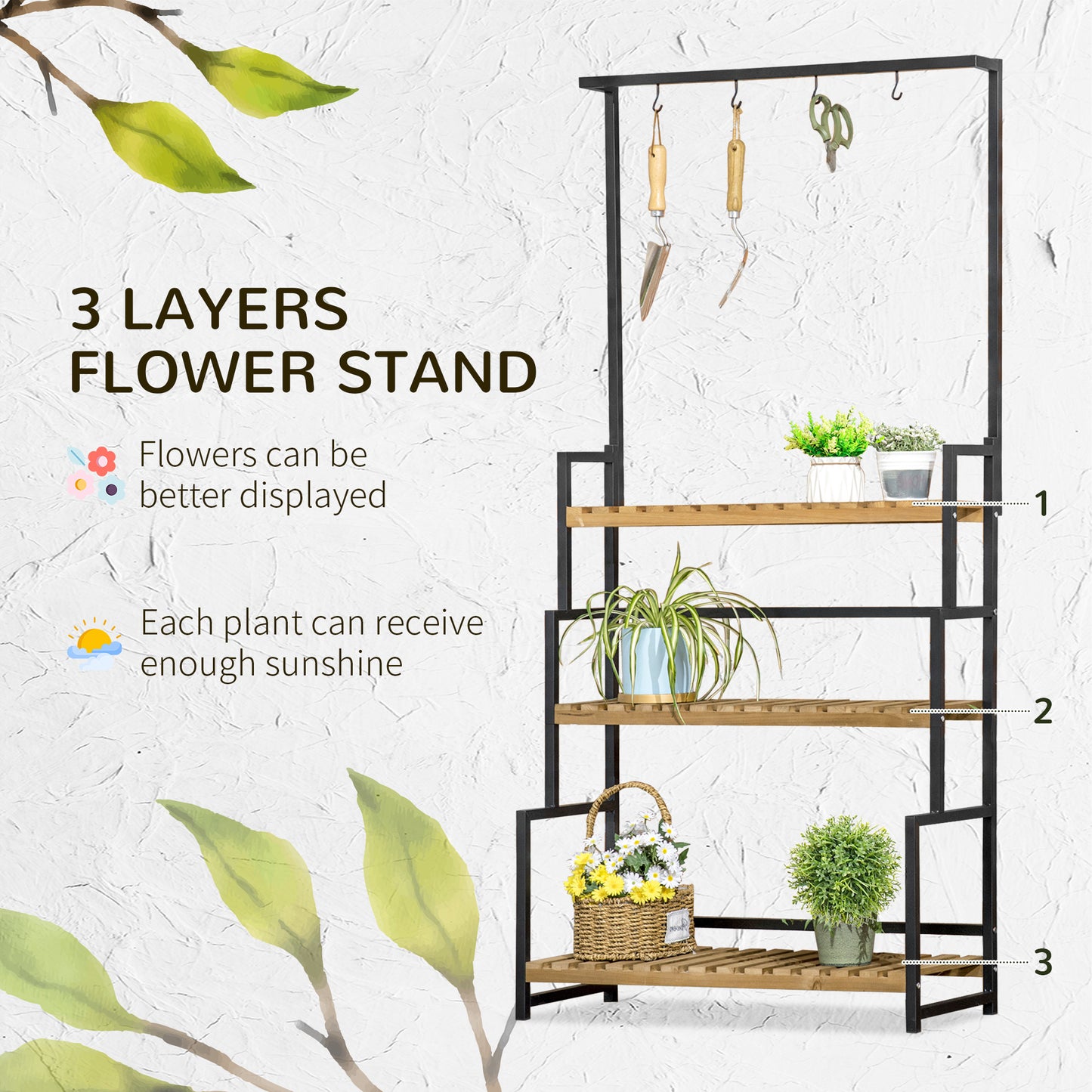 3 Tiered Plant Stand Rack with Hanging Hooks for Indoor Outdoor