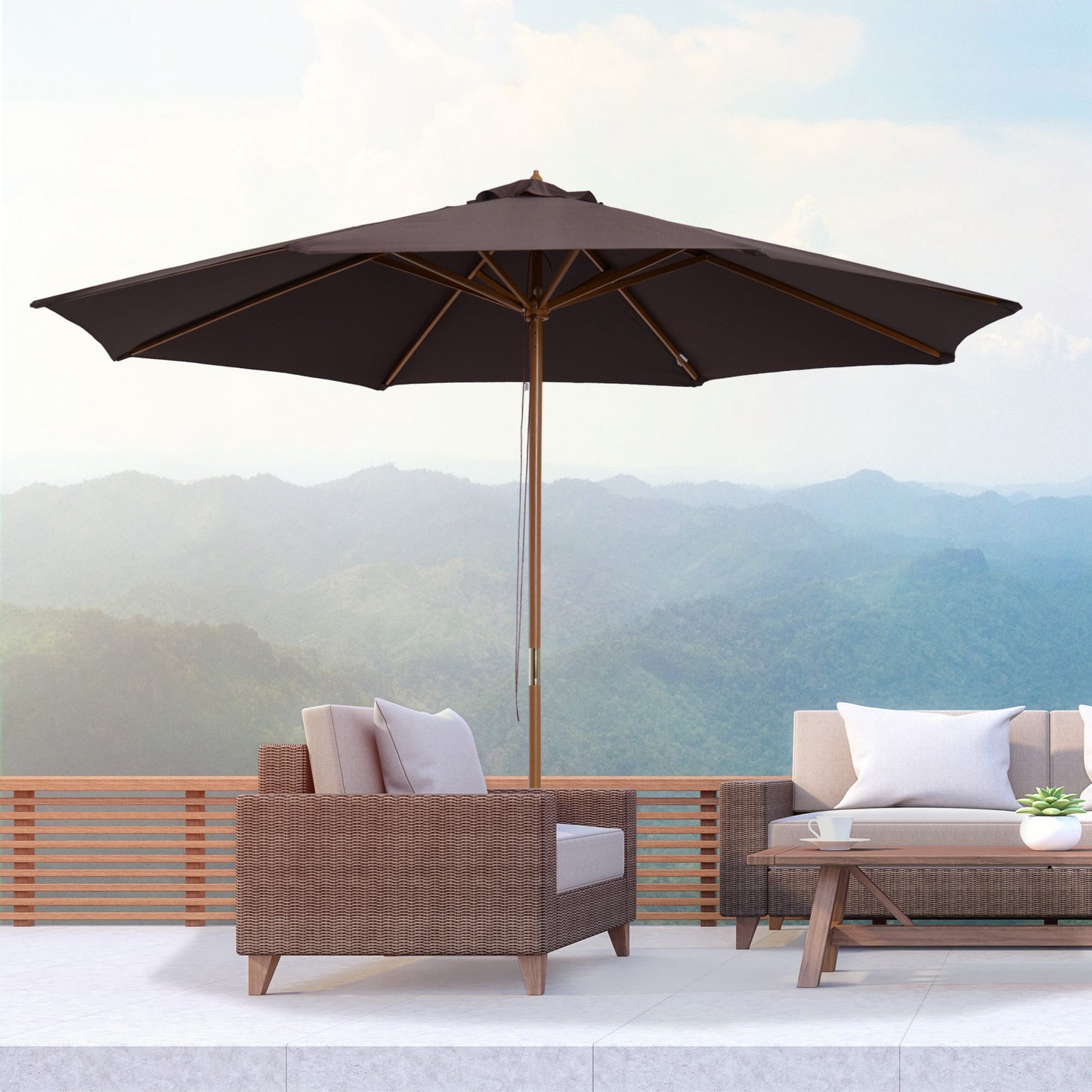 3(m) Wooden Garden Parasol Sun Shade Outdoor Umbrella Canopy Coffee