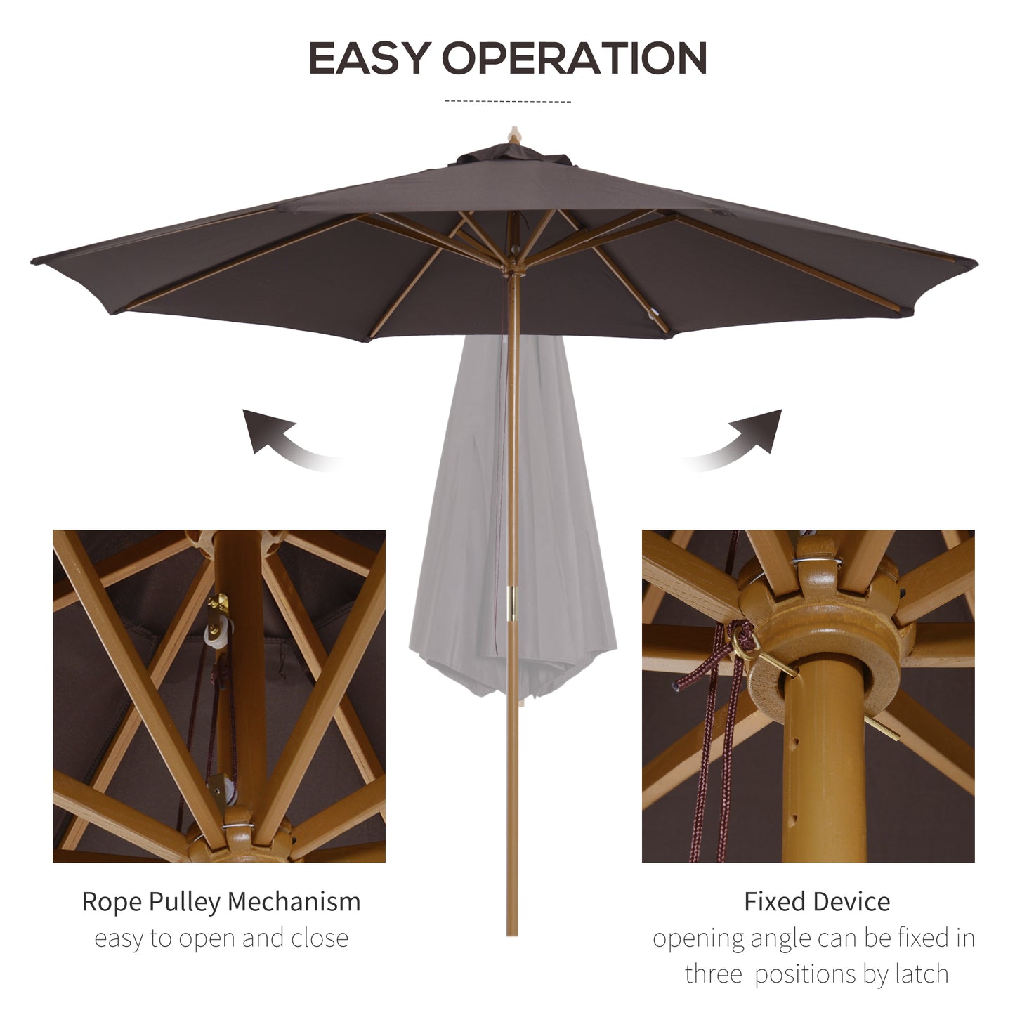 3(m) Wooden Garden Parasol Sun Shade Outdoor Umbrella Canopy Coffee