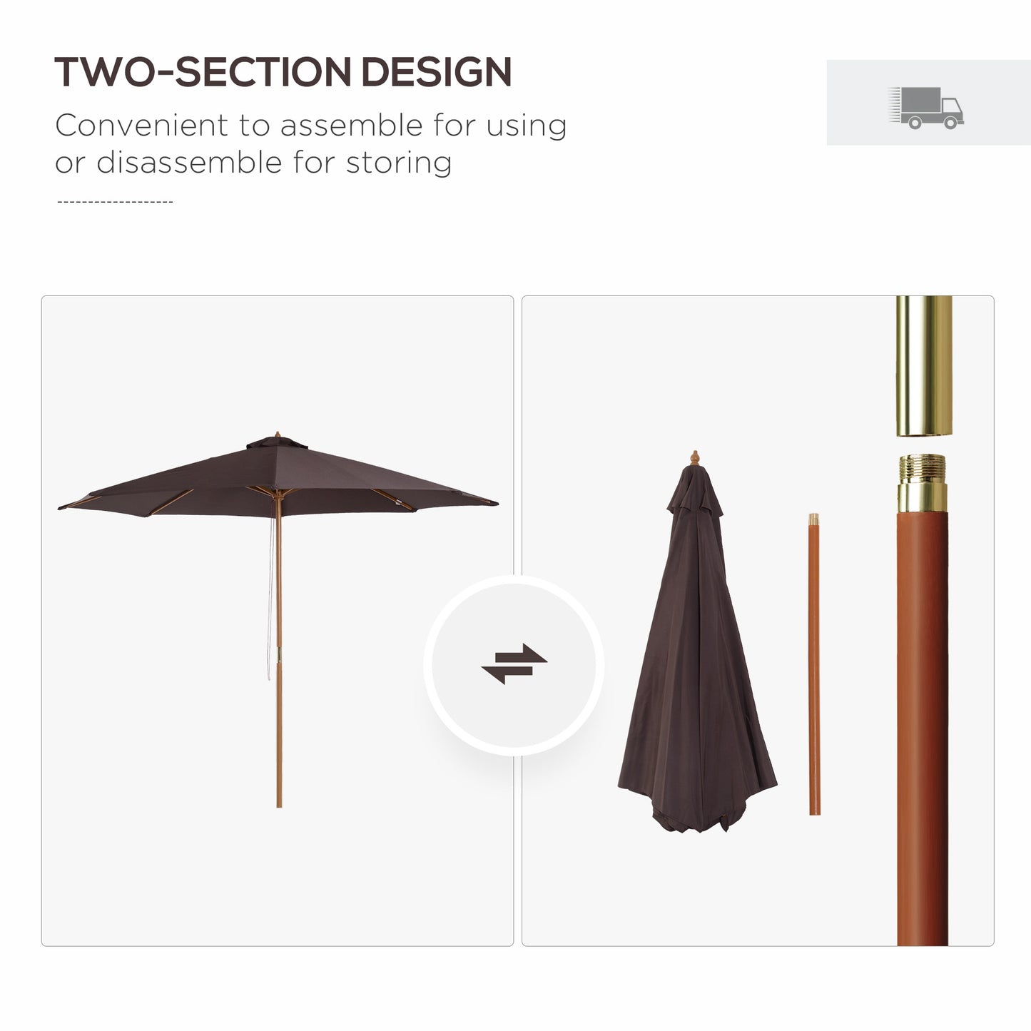 3(m) Wooden Garden Parasol Sun Shade Outdoor Umbrella Canopy Coffee
