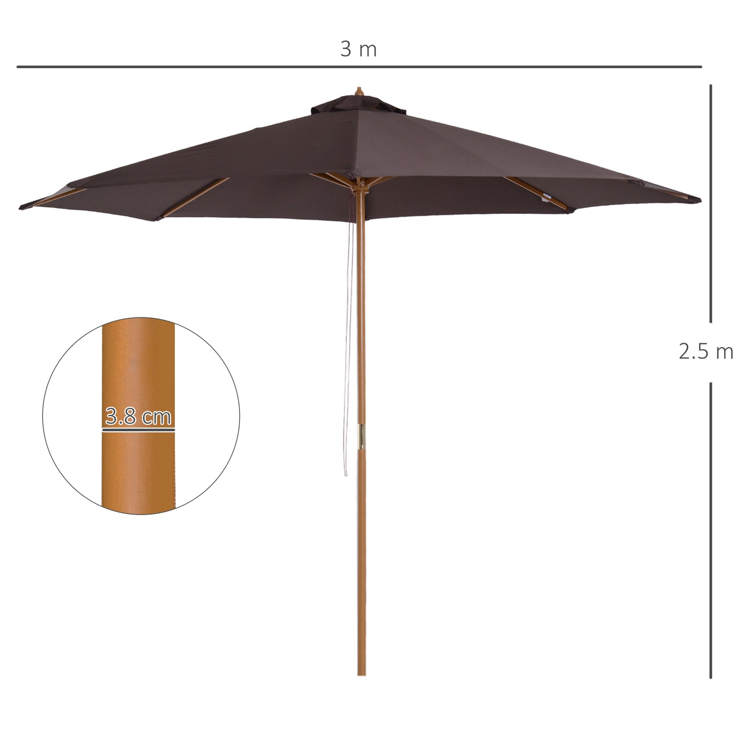 3(m) Wooden Garden Parasol Sun Shade Outdoor Umbrella Canopy Coffee