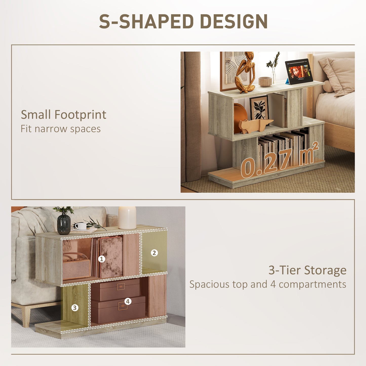 Modern Narrow End Table, S-Shaped Nightstand, Natural Wood Finish