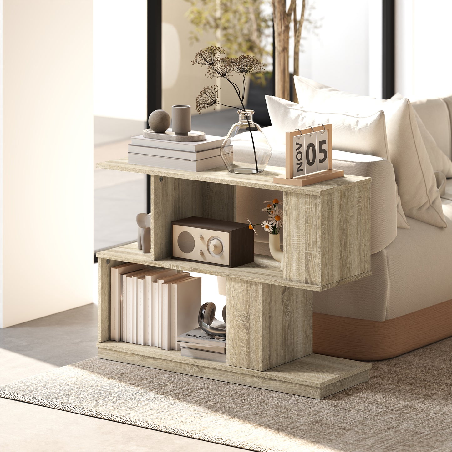 Modern Narrow End Table, S-Shaped Nightstand, Natural Wood Finish