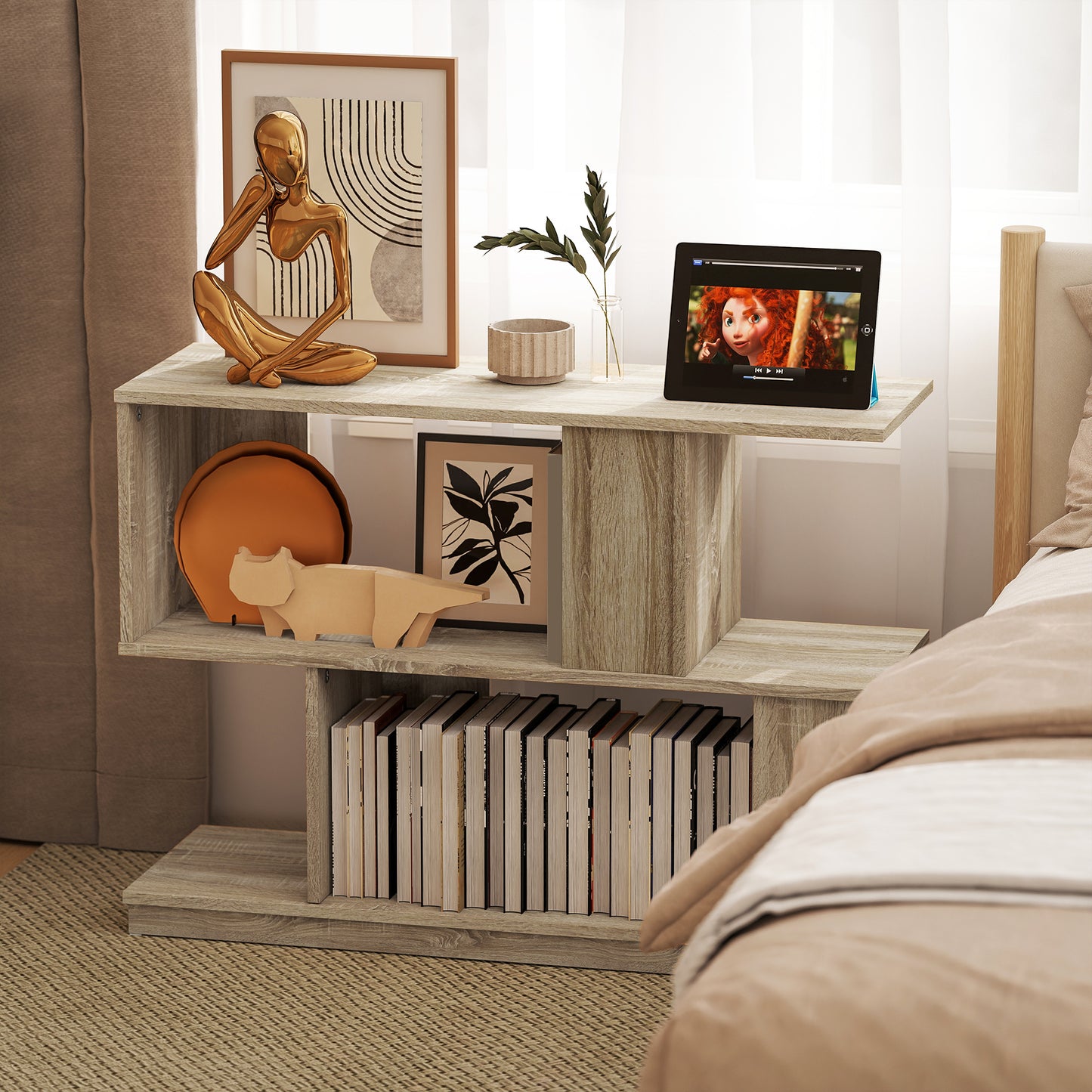 Modern Narrow End Table, S-Shaped Nightstand, Natural Wood Finish