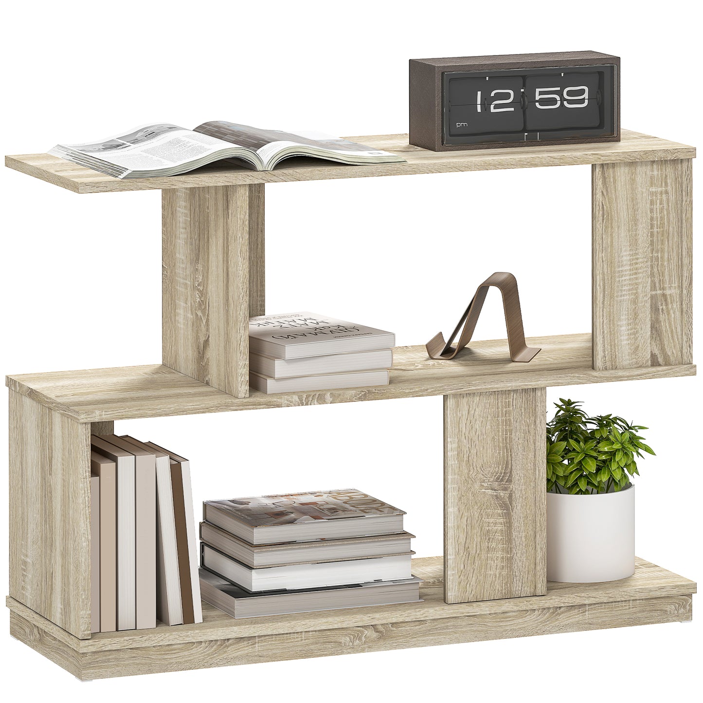 Modern Narrow End Table, S-Shaped Nightstand, Natural Wood Finish