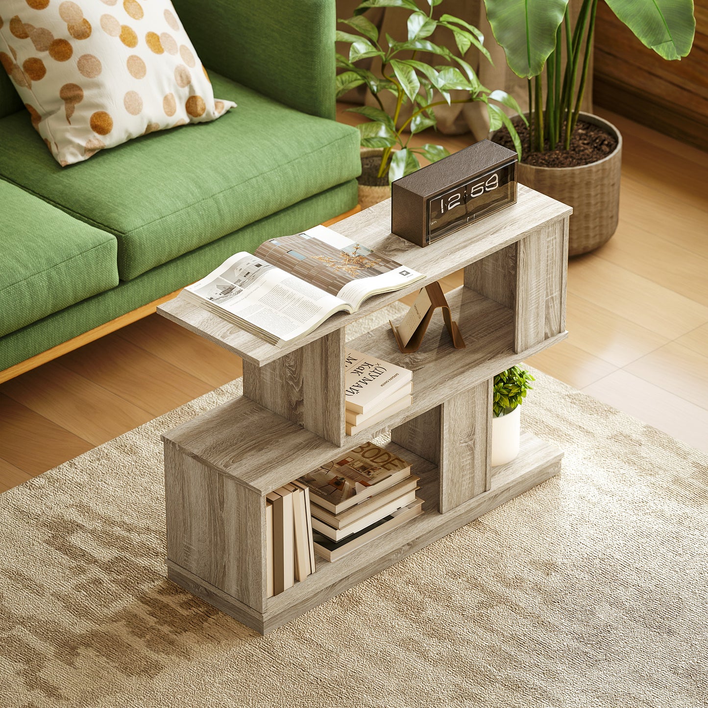 Modern Narrow End Table, S-Shaped Nightstand, Natural Wood Finish