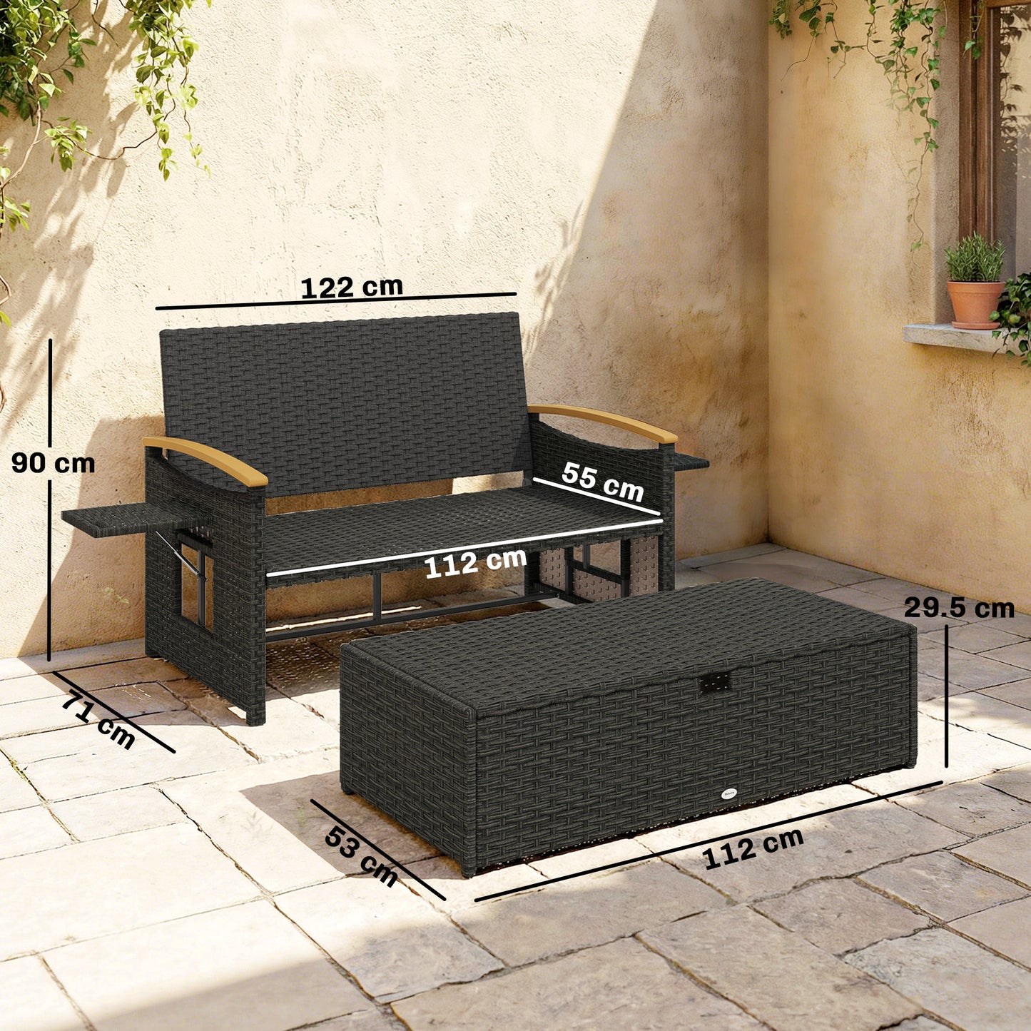 Double Garden Rattan Daybed with Storage Ottoman, Brown & Blue Cushions