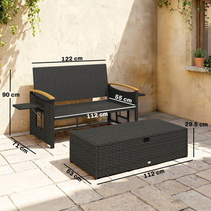 Double Garden Rattan Daybed with Storage Ottoman, Brown & Blue Cushions