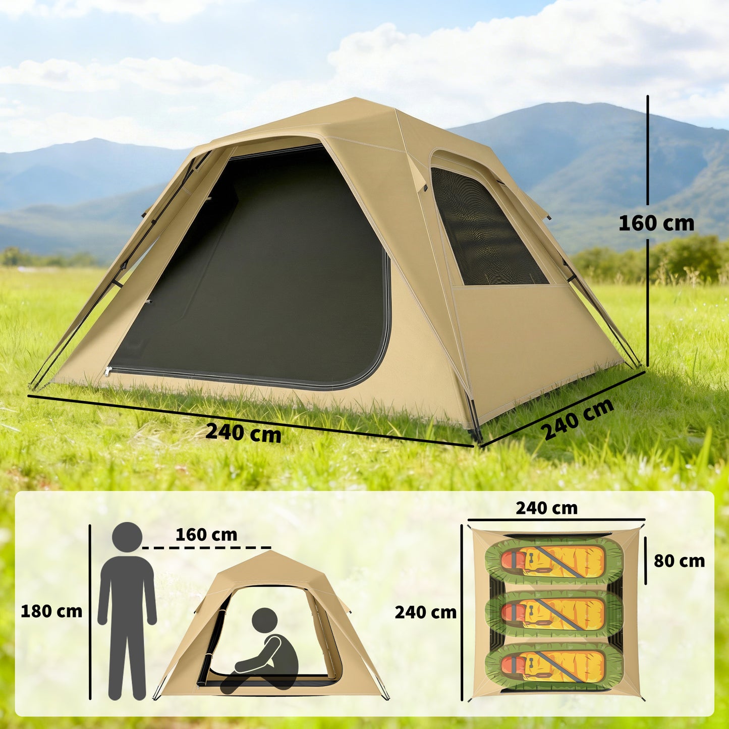 Pop Up Tent Waterproof Camping Tents 2-3 People Khaki