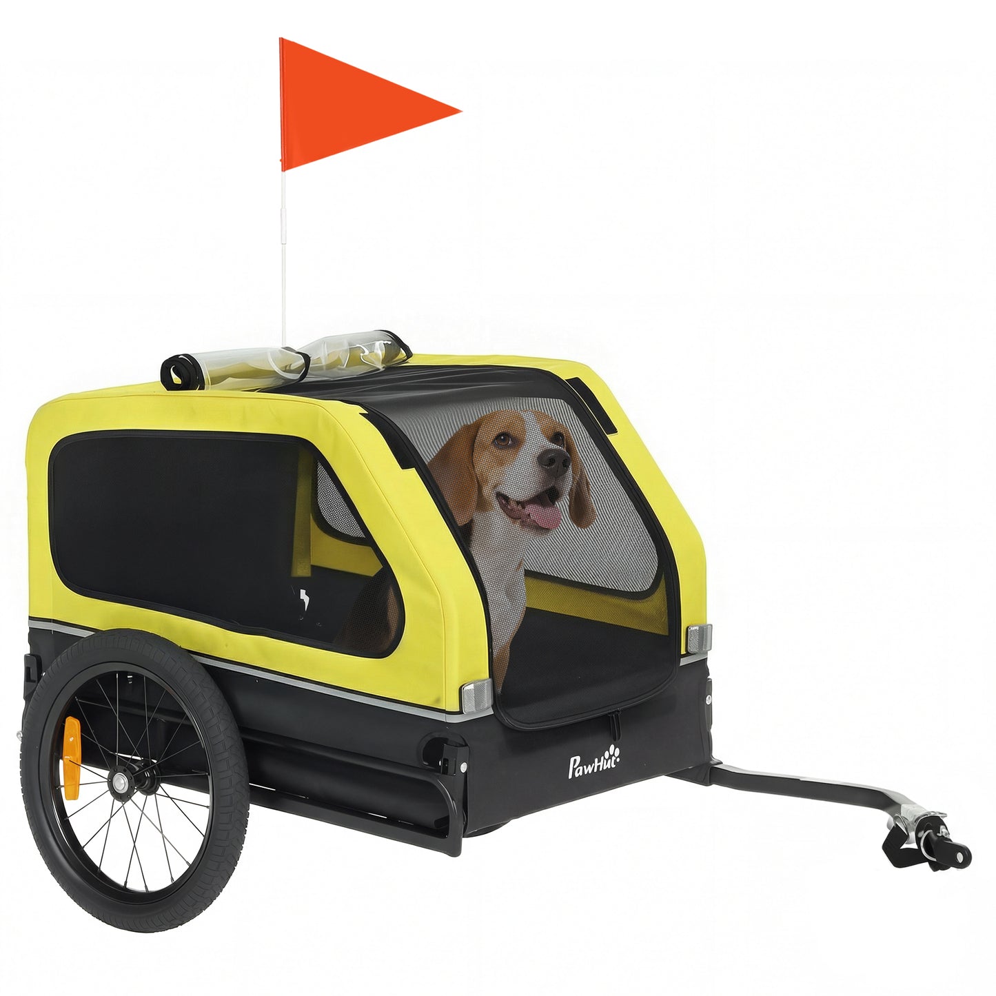 Dog Bike Trailer Support Up to 20 kg, Dog Bicycle Carrier, Easy Store Cart with Quick Release Frame, Flip-Down Ramp Tailgate, Universal Bicycle Coupler, Reflectors, Flag, Yellow