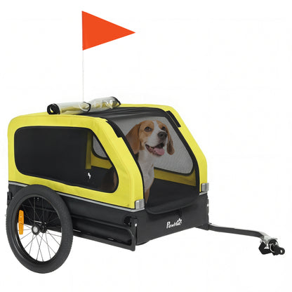 Dog Bike Trailer Support Up to 20 kg, Dog Bicycle Carrier, Easy Store Cart with Quick Release Frame, Flip-Down Ramp Tailgate, Universal Bicycle Coupler, Reflectors, Flag, Yellow