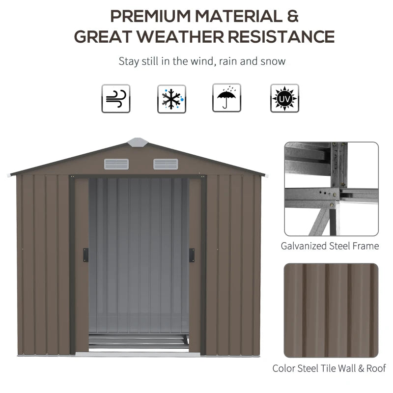 7 x 4ft Garden Metal Storage Shed with Ventilation Slots, Floor Foundation and Lockable Double Doors, Brown