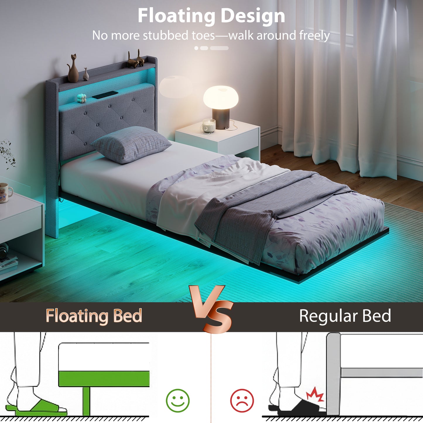 Floating Bed Frame with RGB Lights, Upholstered Single Size Bed, Grey