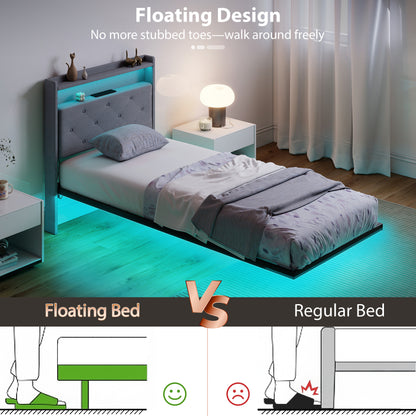 Floating Bed Frame with RGB Lights, Upholstered Single Size Bed, Grey