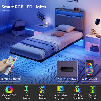 Floating Bed Frame with RGB Lights, Upholstered Single Size Bed, Grey
