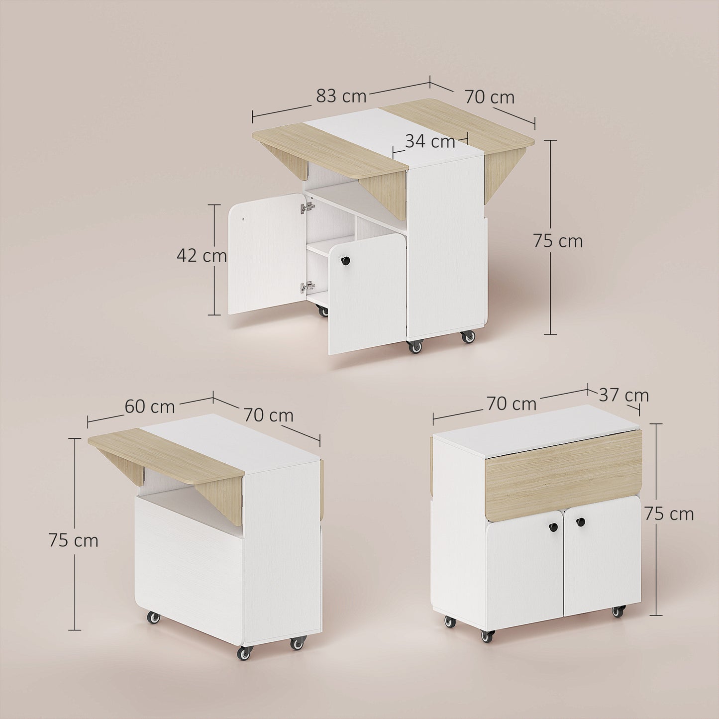 Folding Dining Table, Rolling Drop Leaf Table with Hidden Shelf
