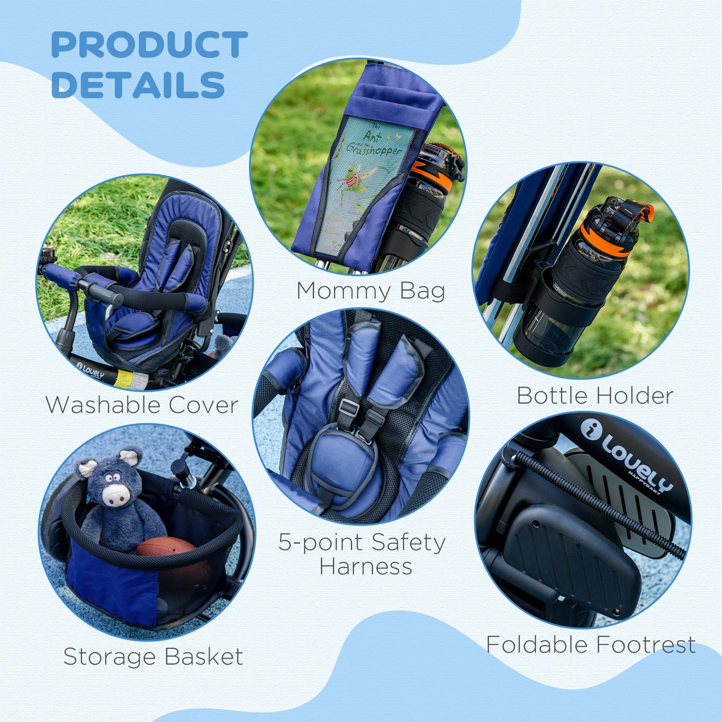 6 in 1 Kids Trike, Stroller with Parent Handle, Blue