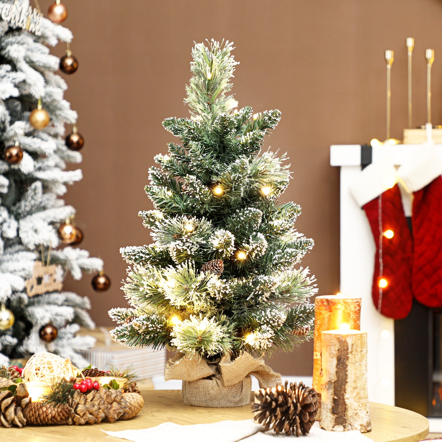 60 cm Prelit Mini Tabletop Christmas Tree, Snow Flocked Xmas Tree