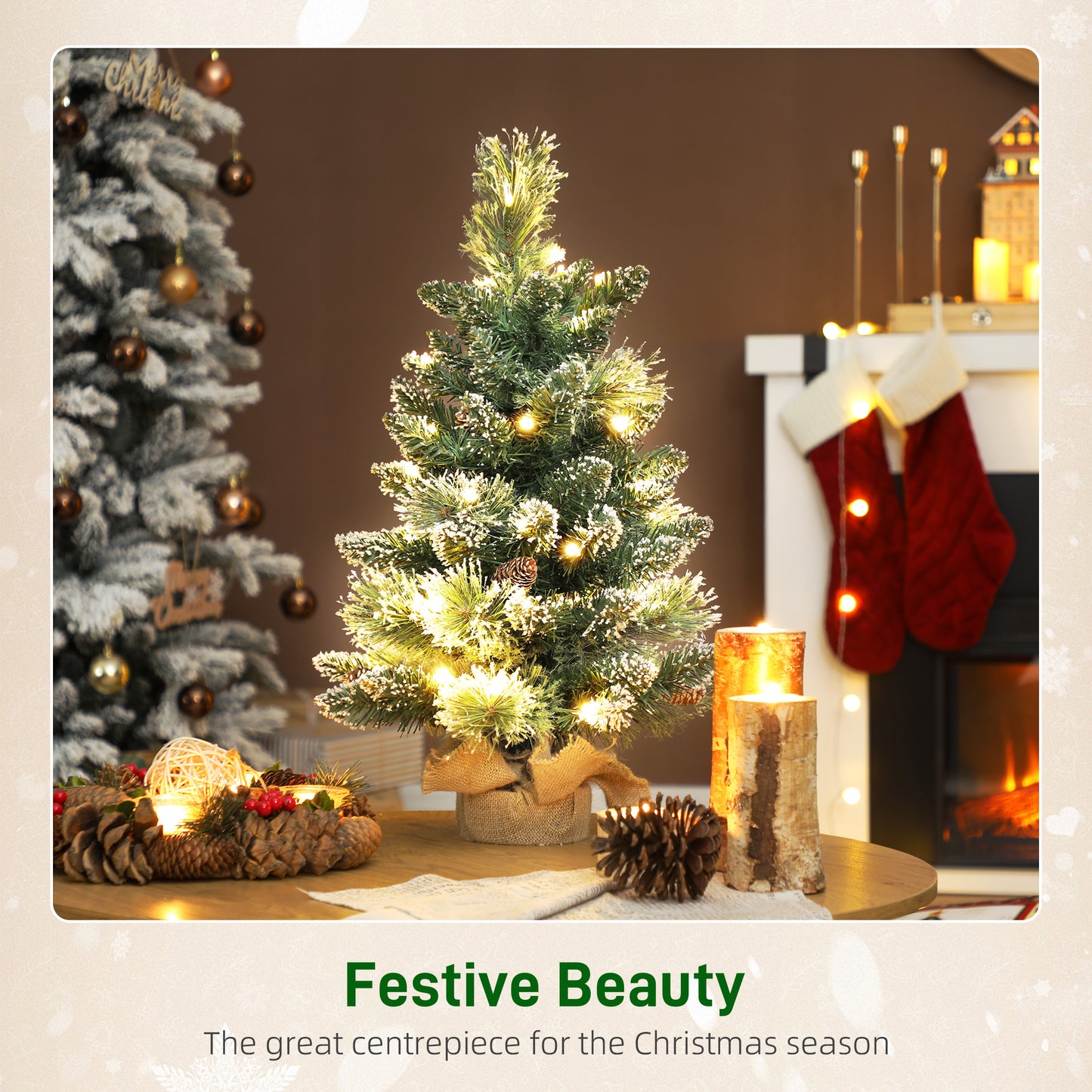 60 cm Prelit Mini Tabletop Christmas Tree, Snow Flocked Xmas Tree