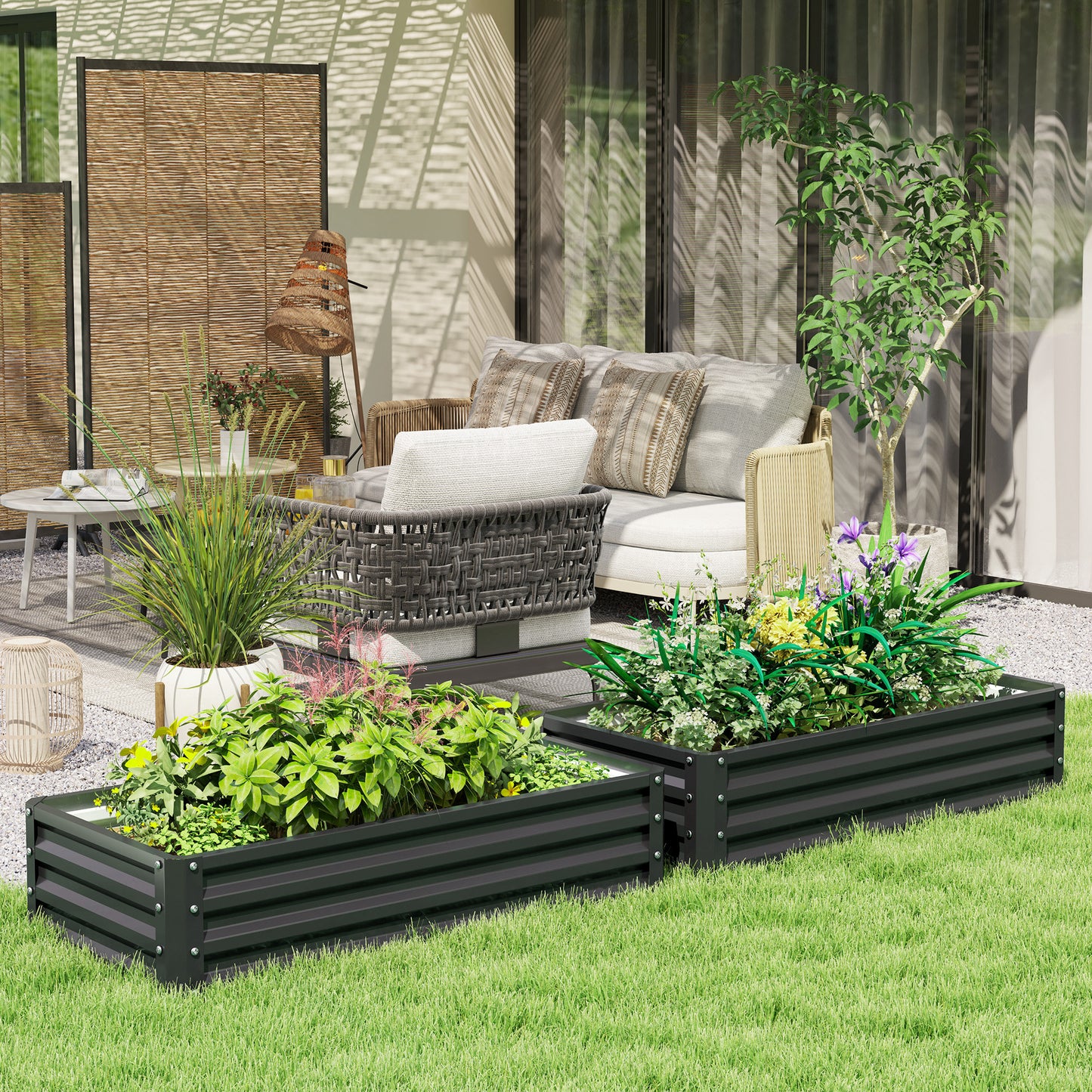 Set of 2 Raised Garden Bed Elevated Planter Box for Flowers Grey