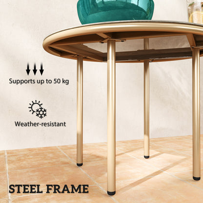 Round Small Garden Table with Faux Marble Glass Top, Beige
