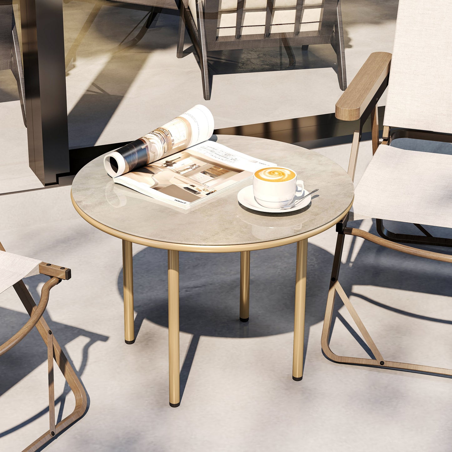 Round Small Garden Table with Faux Marble Glass Top, Beige