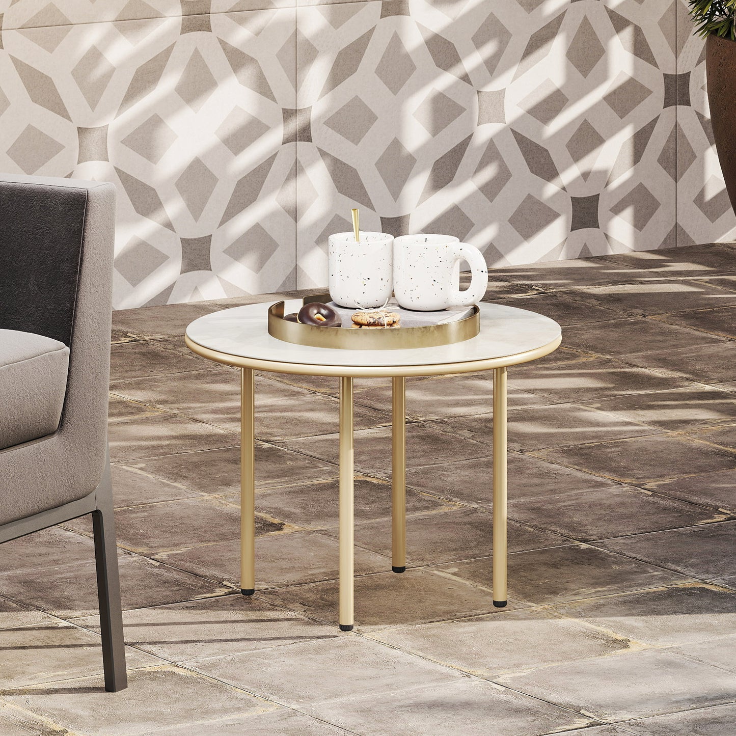 Round Small Garden Table with Faux Marble Glass Top, Beige