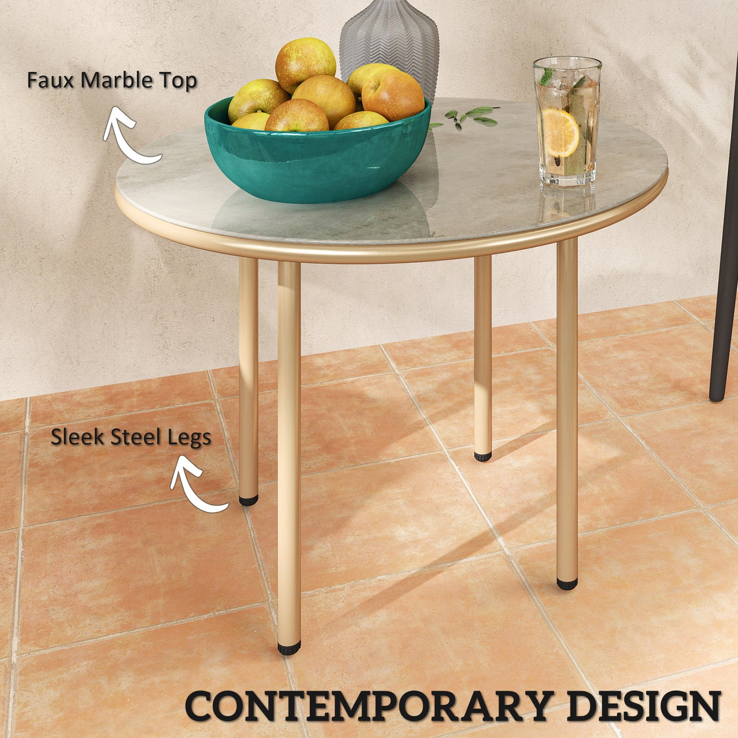 Round Small Garden Table with Faux Marble Glass Top, Beige