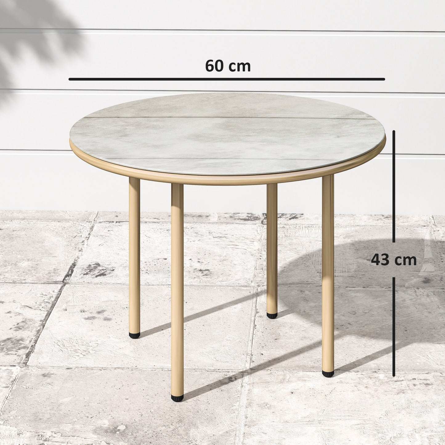 Round Small Garden Table with Faux Marble Glass Top, Beige