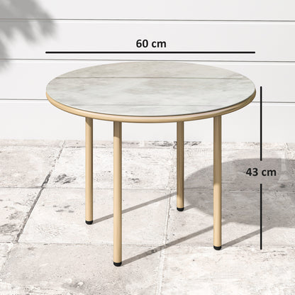 Round Small Garden Table with Faux Marble Glass Top, Beige