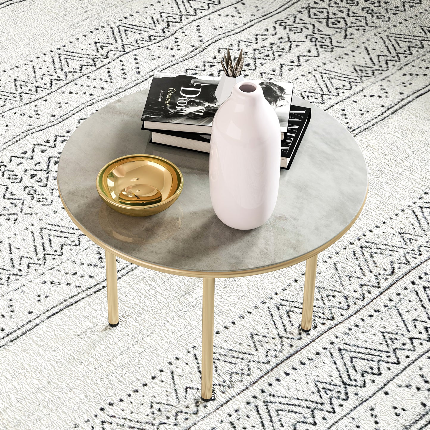 Round Small Garden Table with Faux Marble Glass Top, Beige