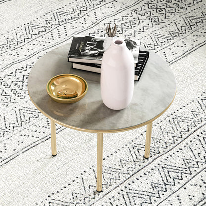Round Small Garden Table with Faux Marble Glass Top, Beige
