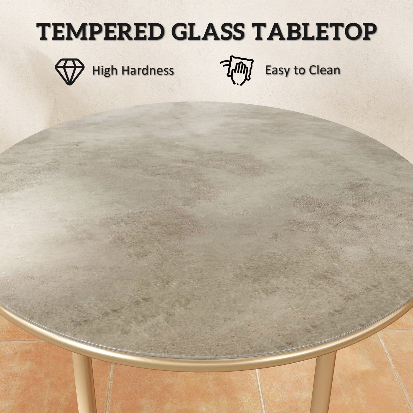 Round Small Garden Table with Faux Marble Glass Top, Beige