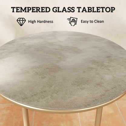 Round Small Garden Table with Faux Marble Glass Top, Beige